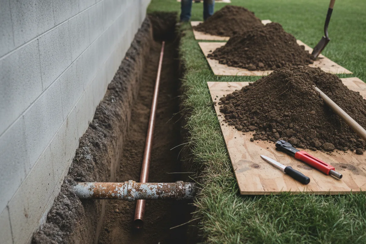 Excavated water line trench during Water Heater Repair in Dousman